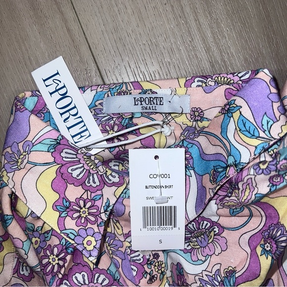 NEW LA PORTE Multicolor Swirl Print Linen Shirt Top Paperbag Pants Set Small S - Picture 10 of 16